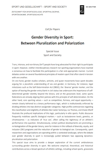 Cover: Sport and Society, theme issue on gender diversity in sport