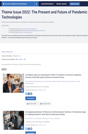 Cover: Journal of Medical Internet Research theme issue on pandemic technologies